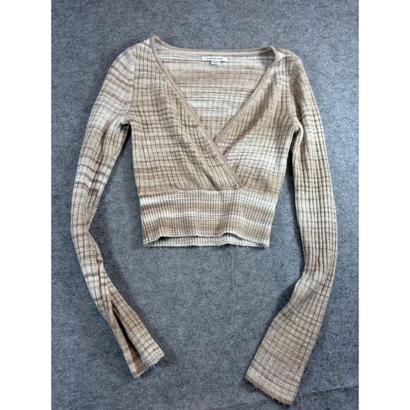 American Eagle Outfitters Sweaters - American Eagle Faux Wrap Sweater Womens XS Beige Ribbed Knit Cropped Vneck Y2K